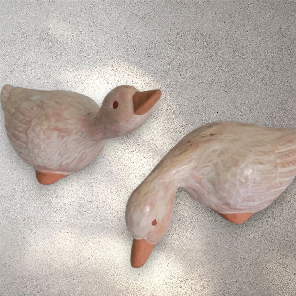Vtg Style Of 2 Duck Figurines  Terracotta, Shelf Sitters Light Pink 5" L